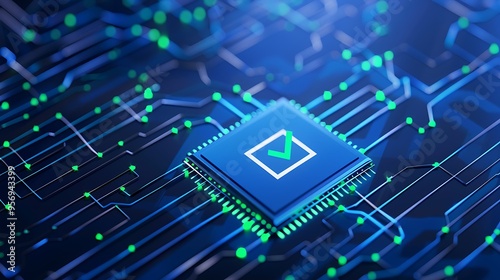 Close-up of a microchip on a circuit board, technology concept with glowing lines and circuitry in blue and green.