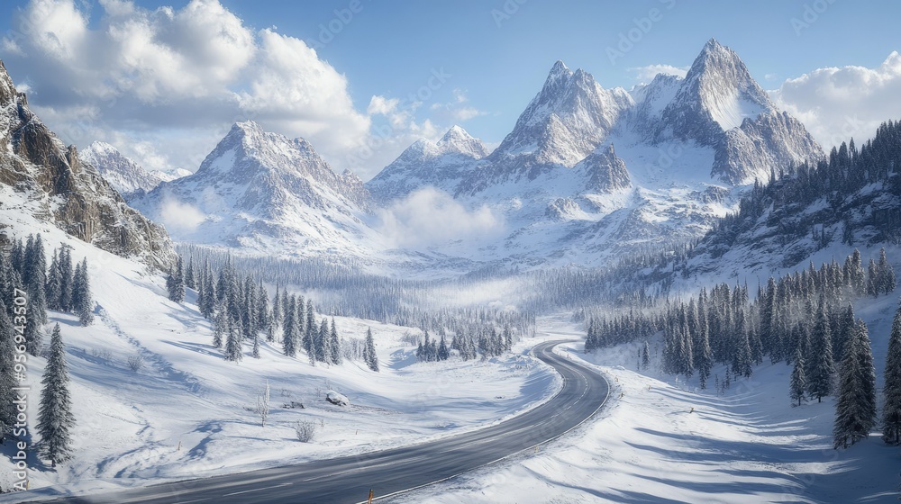 Fototapeta premium Scenic shot of a mountain road meandering through a snowy landscape, with pristine white snow covering the surrounding peaks and evergreen trees.