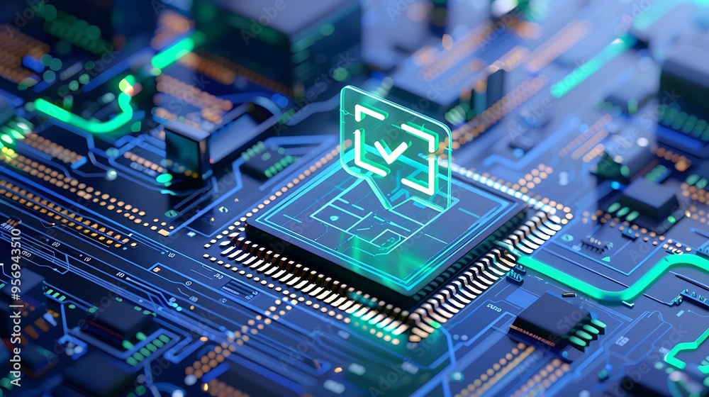 Fototapeta premium Close-up of a microchip on a circuit board with a glowing futuristic interface, representing advanced technology and artificial intelligence.