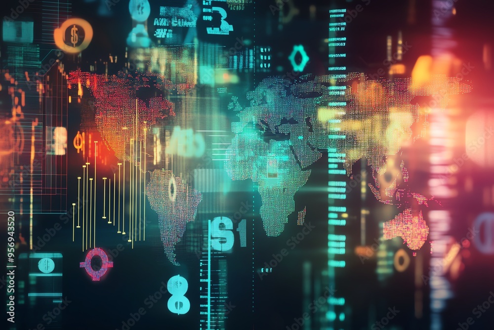 Obraz premium Abstract digital world map with vibrant colors and technology icons, representing data and global connectivity.