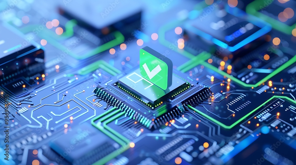 Close-up of a microchip with a digital checkmark, representing cybersecurity and data protection on a vibrant circuit board.