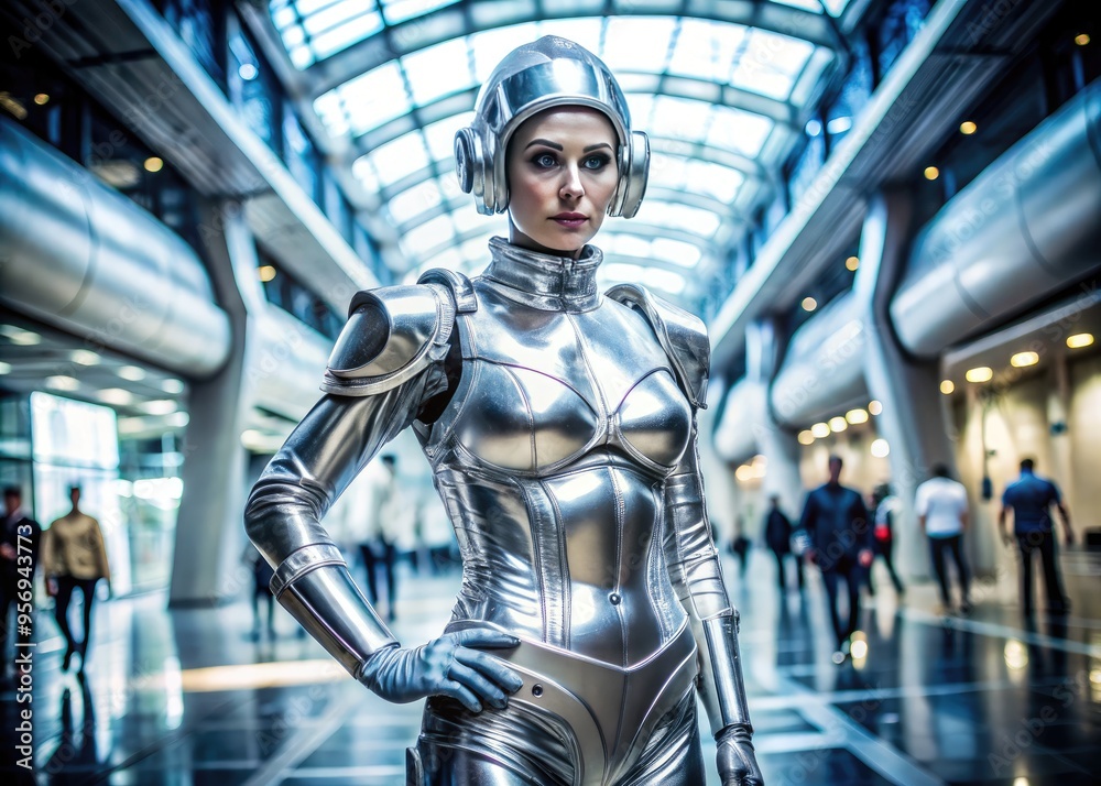Futuristic sci-fi cosplay costume in silver metallic finish Futuristic sci-fi cosplay costume in silver metallic finish