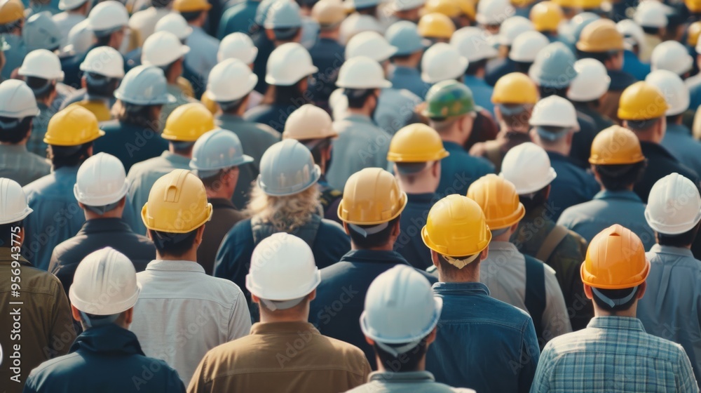 Obraz premium A throng of construction workers, all wearing hard hats, stand in unison, embodying solidarity and teamwork in a bustling work environment.