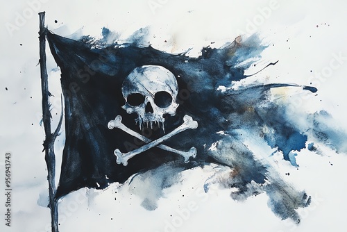 Bold pirate flag with a skull and crossbones in a striking watercolor style, perfect for any nautical or adventurous theme.