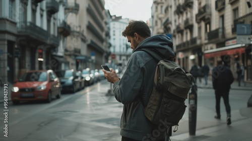 Wallpaper Mural A young man in a hoodie and backpack focuses on his phone while walking down a city street. Torontodigital.ca