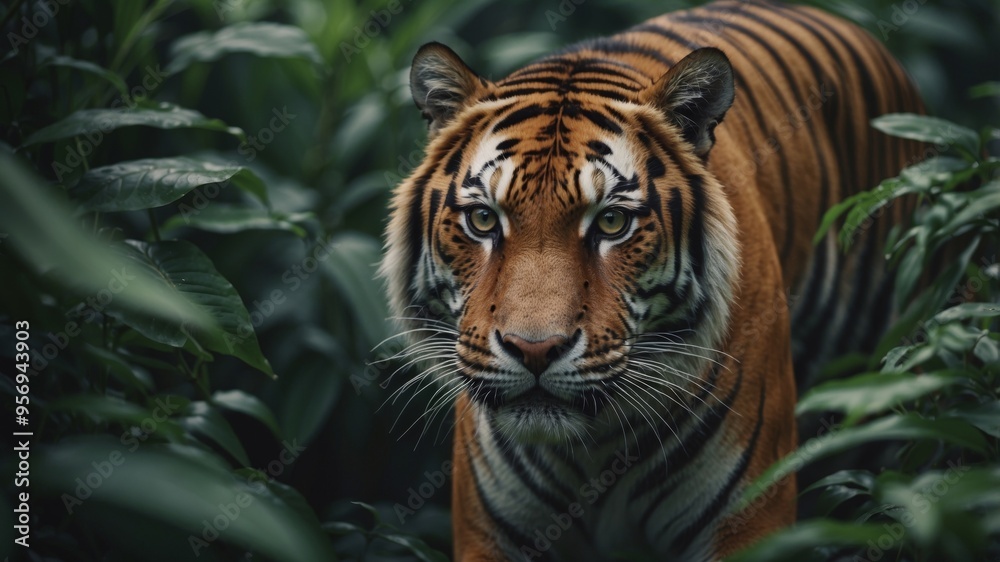 Fototapeta premium Tiger cautiously peers through dense green foliage in jungle.