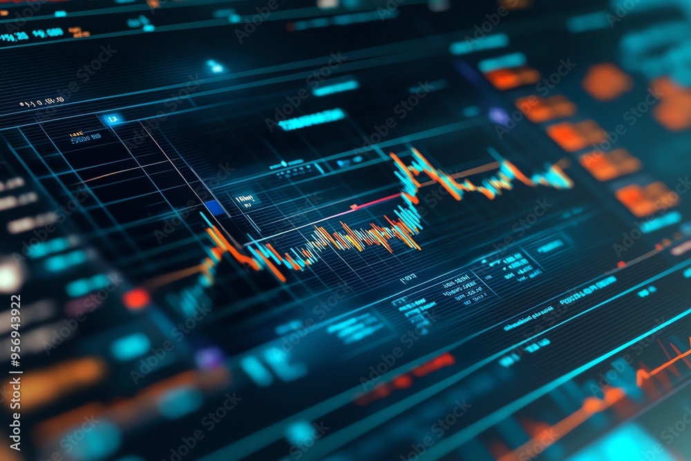 Close-up view of a digital financial chart displaying data trends and statistics, ideal for finance and analytics themes. Close-up view of a digital financial chart displaying data trends and statistics, ideal for finance and analytics themes.