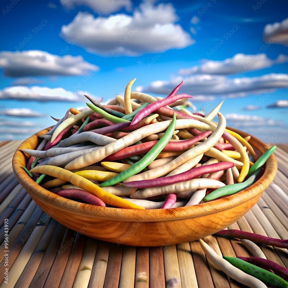 Vibrant 3D illustration of colorful French beans in a wooden bowl against a backdrop of blue sky and clouds. Vibrant 3D illustration of colorful French beans in a wooden bowl against a backdrop of blue sky and clouds.