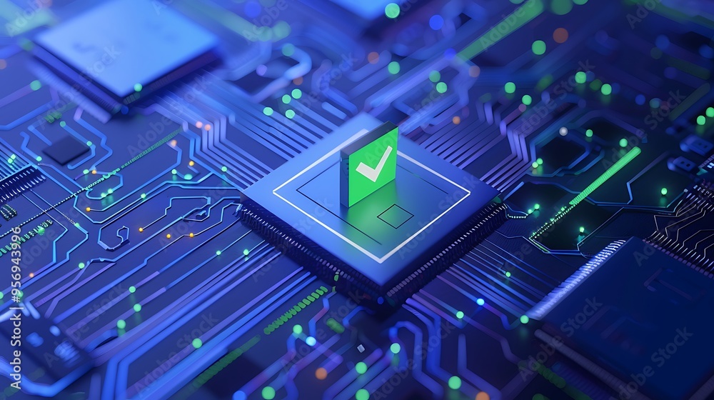 Close-up of a microchip with a glowing checkmark symbol on a circuit board, representing technology validation or success.