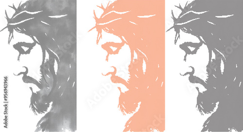 A set of side profiles of Jesus with his eyes closed and a crown of thorns. Vector, illustration
