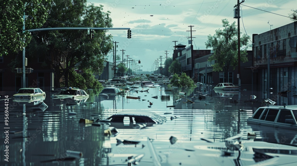 A flooded urban street submerged in water with floating debris and partly submerged vehicles, evoking a sense of disaster or storm impact. A flooded urban street submerged in water with floating debris and partly submerged vehicles, evoking a sense of disaster or storm impact.