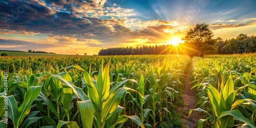 "Rustic farm land corn stalks green ears golden rustic agriculture rural landscape summer sun warm"