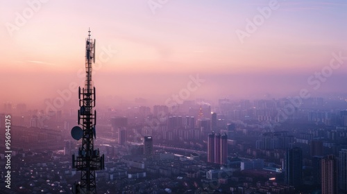 A tall communications antenna rises above the hazy urban landscape at dawn, symbolizing modern technology and city connectivity.