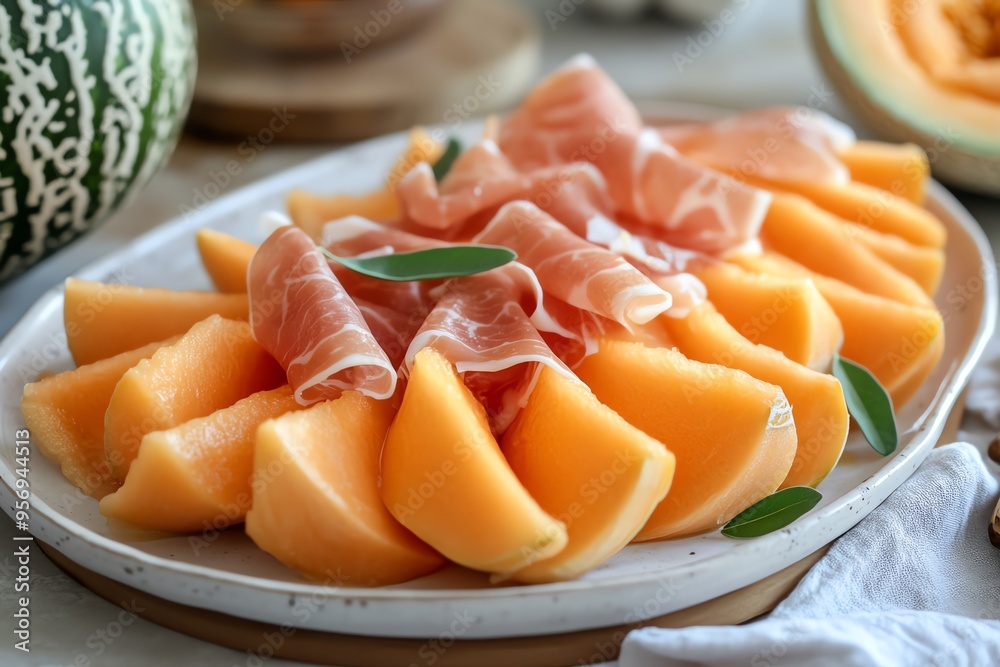 Delicious slices of cantaloupe paired with savory prosciutto, garnished with fresh herbs, perfect for summer gatherings. Delicious slices of cantaloupe paired with savory prosciutto, garnished with fresh herbs, perfect for summer gatherings.