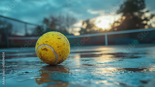 Tennis ball lying on the court close-up