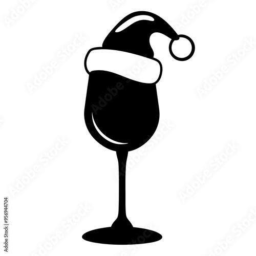 Wine Glass with Santa Hat silhouette on a white background