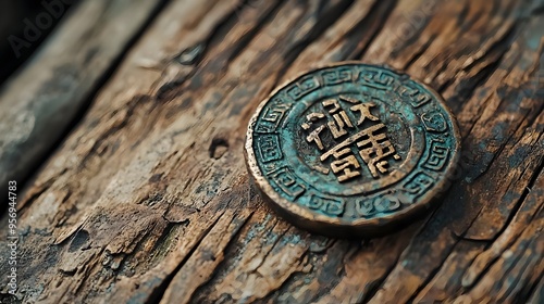 Old Bronze Amulet with Ancient Script on Rustic Wooden Surface,Symbolic of Sacred History and Power