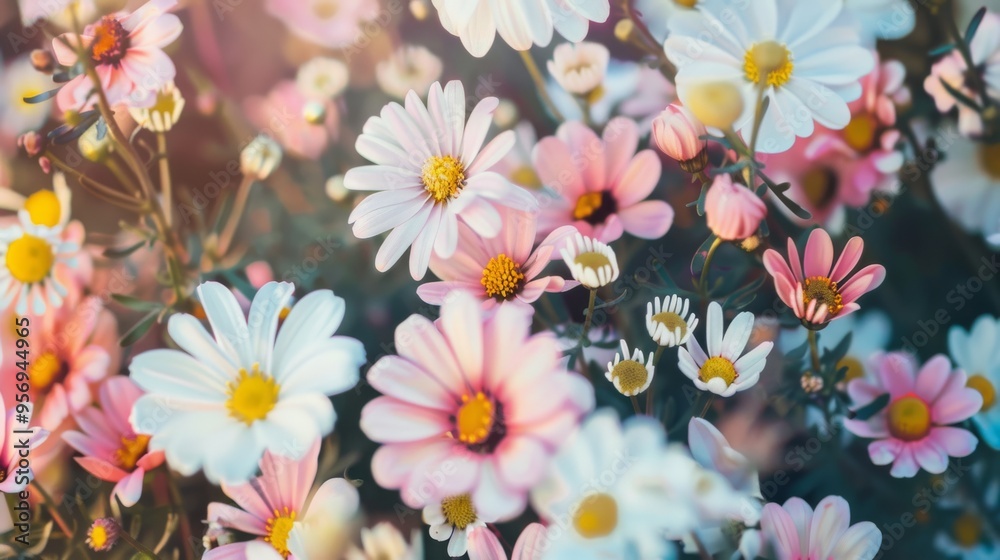An enchanting meadow of white and pink daisies basking in soft sunlight, highlighting the delicate beauty of nature. An enchanting meadow of white and pink daisies basking in soft sunlight, highlighting the delicate beauty of nature.