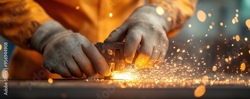 Close-up of skilled hands working with metal, creating sparks in a bright workshop. A dynamic scene showcasing craftsmanship.