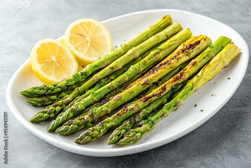 Freshly grilled asparagus served with lemon slices on a white plate, perfect for a healthy meal or side dish inspiration.