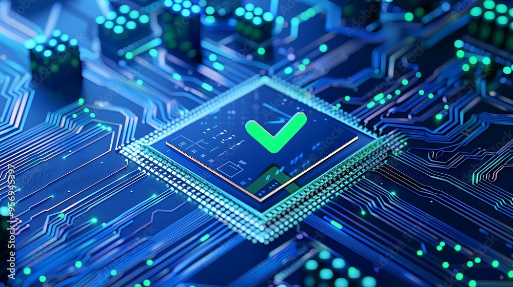 Closeup of electronic circuit board with a green checkmark on a microchip, representing technology verification and security. Closeup of electronic circuit board with a green checkmark on a microchip, representing technology verification and security.