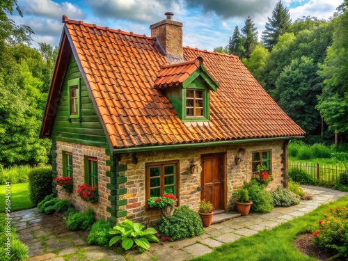 Wallpaper Mural Rustic Red Brick Tile and Soft Green Roof Combination Cozy Rustic Cottage Torontodigital.ca