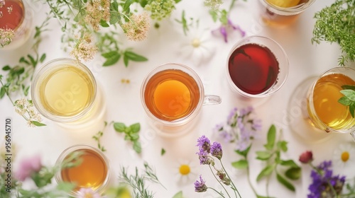 Wallpaper Mural A creative setup of different herbal teas in cups, with fresh herbs and flowers scattered around, on a white table. Torontodigital.ca