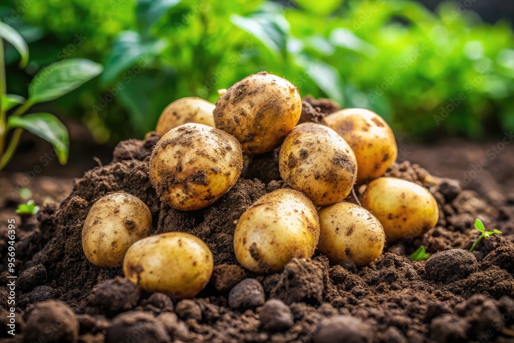 Macro photography of freshly harvested potatoes partially buried in rich, dark soil, with moist earth clinging to their rough skins Macro photography of freshly harvested potatoes partially buried in rich, dark soil, with moist earth clinging to their rough skins