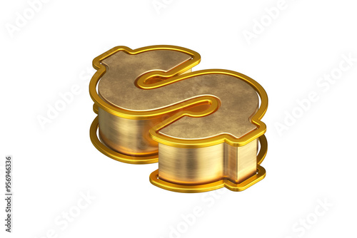 3D Dollar icon in aged gold. Three dimensional isometric font from top. High quality 3D rendering.