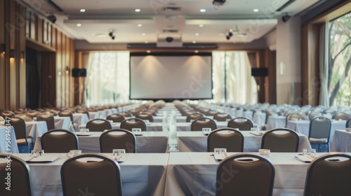 An empty conference room with neatly arranged tables and chairs, soft natural light streaming in through large windows creating an inviting yet professional atmosphere.