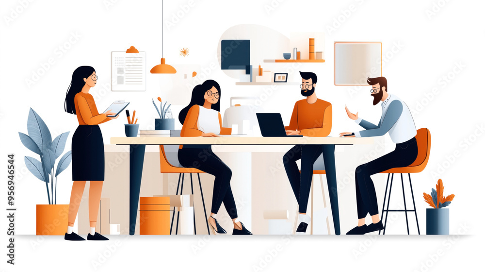 Modern office setting with four people working collaboratively, using laptops and discussing projects. The office features plants and contemporary decor.