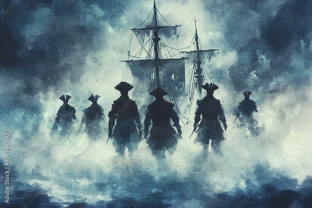 Naklejka premium Mysterious pirate silhouettes emerge from fog, with a ghostly ship looming in the background. A scene of adventure and intrigue.