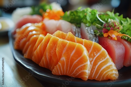 Close-up of Sashimi on a Black Plate