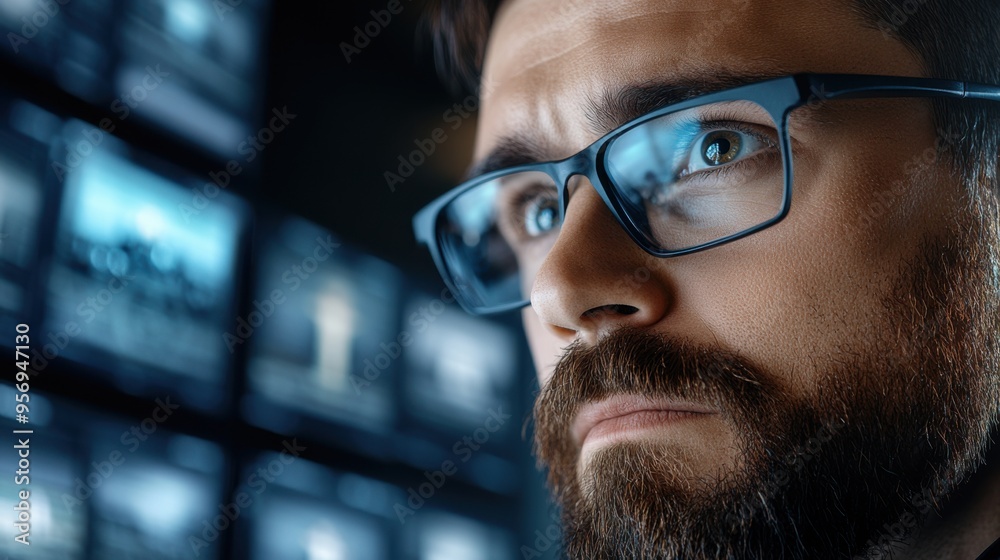 A focused man, wearing glasses, intently observes digital screens displaying various visuals, showcasing concentration and technology. A focused man, wearing glasses, intently observes digital screens displaying various visuals, showcasing concentration and technology.