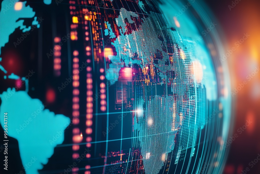 Fototapeta premium Vibrant digital globe with data streams, showcasing global connectivity and technological innovation in a stunning visual representation.