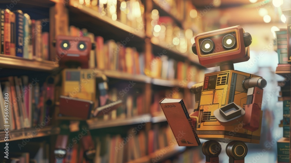 Two charming retro-styled robots in a cozy library setting, engrossed in exploring books, combining whimsy with a nod to the future. Two charming retro-styled robots in a cozy library setting, engrossed in exploring books, combining whimsy with a nod to the future.