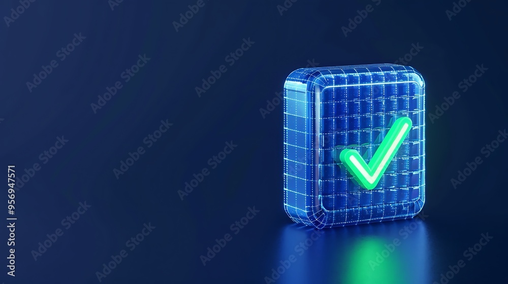 Digital 3D checkmark icon on a dark blue background symbolizing approval, validation, and success in a modern, technology-driven context. Digital 3D checkmark icon on a dark blue background symbolizing approval, validation, and success in a modern, technology-driven context.