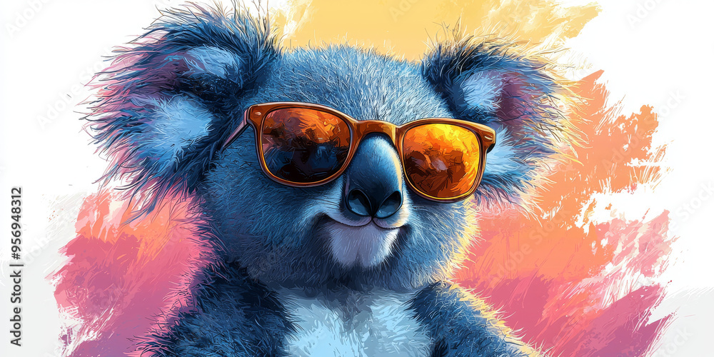 A cute koala wearing sunglasses with a pink and orange background. A cute koala wearing sunglasses with a pink and orange background.