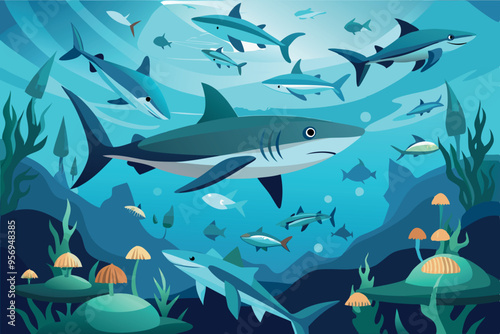 Cartoon sharks swimming peacefully in ocean depths illustration