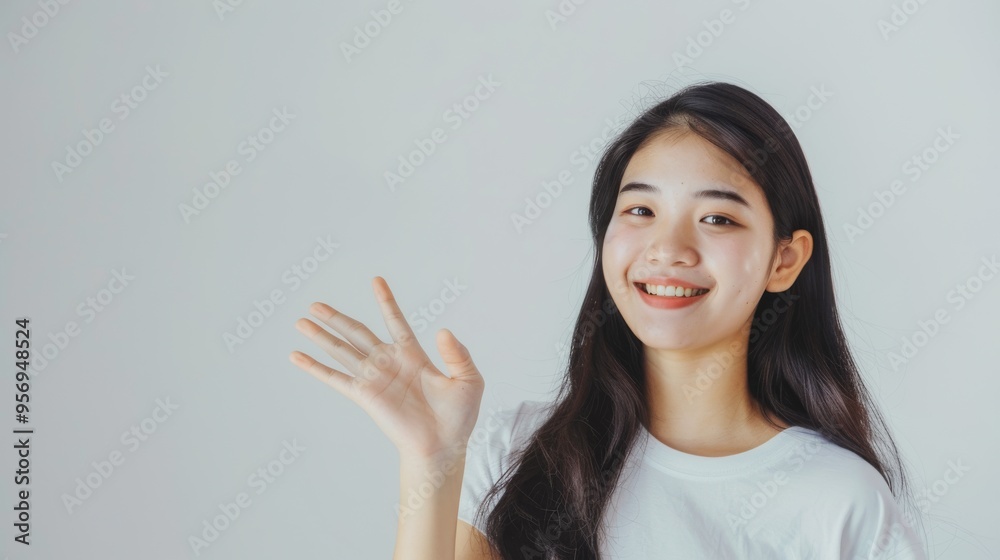 A young woman with long dark hair waves cheerfully, exuding warmth and friendliness against a plain white background. A young woman with long dark hair waves cheerfully, exuding warmth and friendliness against a plain white background.