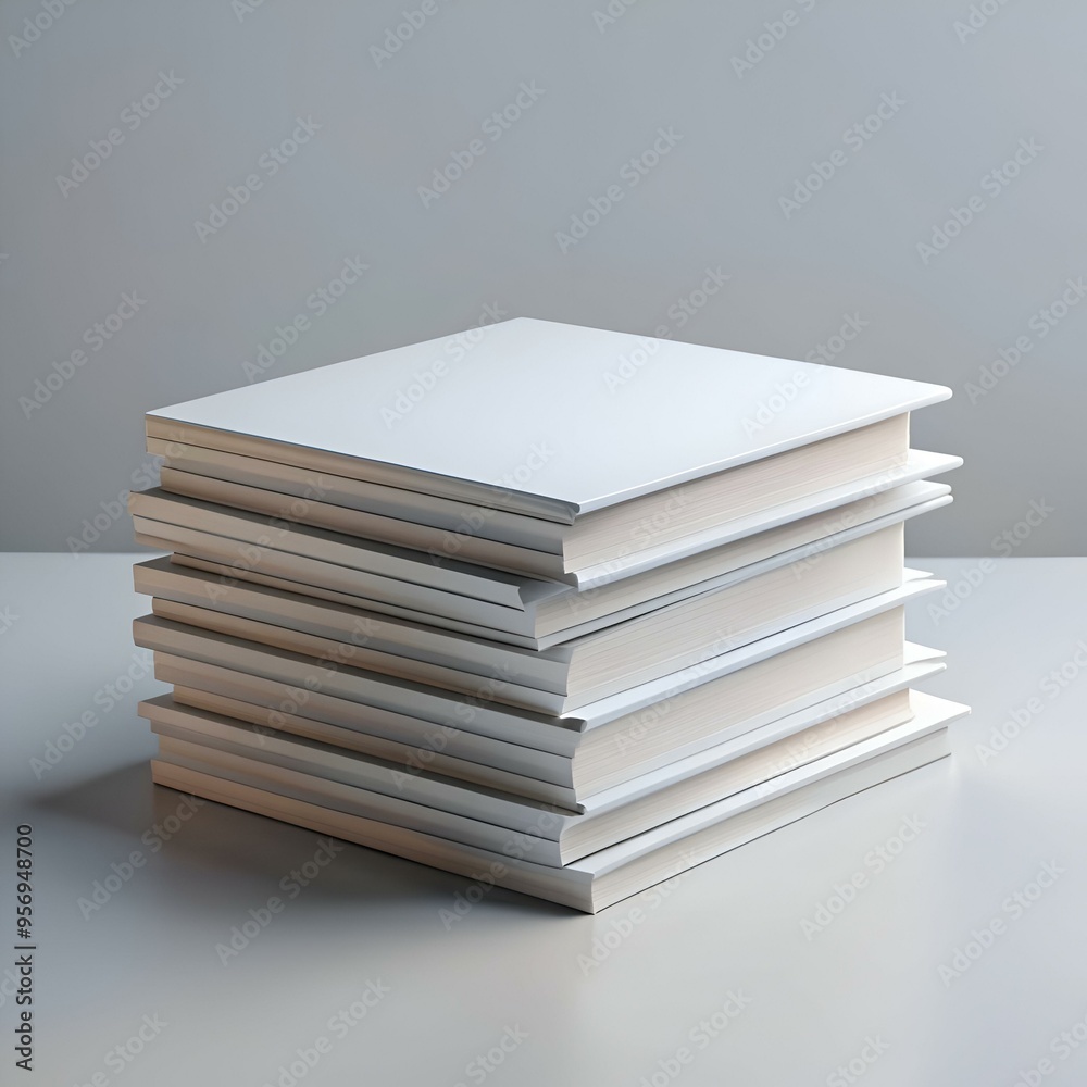 A neatly stacked pile of blank white books on a clean surface. A neatly stacked pile of blank white books on a clean surface.