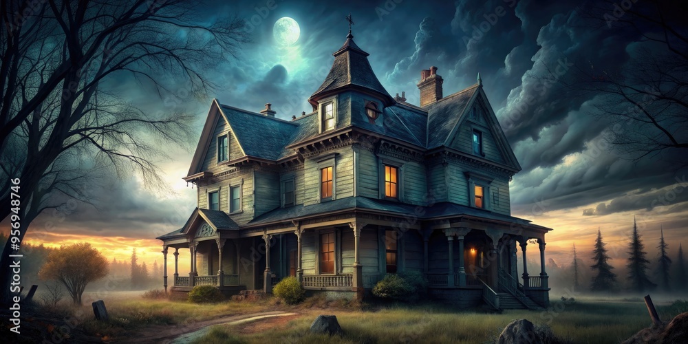 Old haunted house with eerie atmosphere and ghostly shadows , abandoned, spooky, creepy, dark, vintage, mysterious Old haunted house with eerie atmosphere and ghostly shadows , abandoned, spooky, creepy, dark, vintage, mysterious