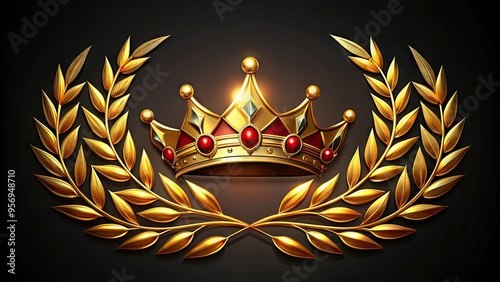 Golden laurel wreath surrounds ornate, bejeweled crown emblem with regal, majestic flair, symbolizing excellence, achievement, and prestige on a sleek, dark background. photo