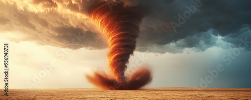 Whirling Fury, an intense tornado spirals earthward, swirling debris and dust, illuminated by dramatic clouds reflecting an ominous skys palette of color. photo