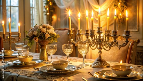 Golden light emanates from ornate menorahs and flickering candles, illuminating a serene tablesetting, adorned with elegant silverware and delicate lace, evoking warmth and tranquility. photo