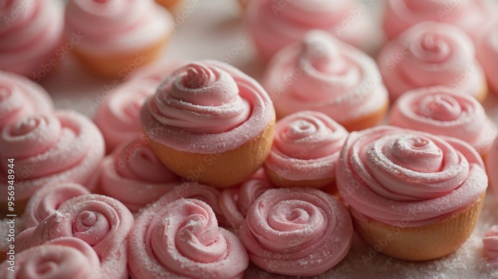 Pink meringue swirls with powdered sugar topping. Pink meringue swirls with powdered sugar topping.