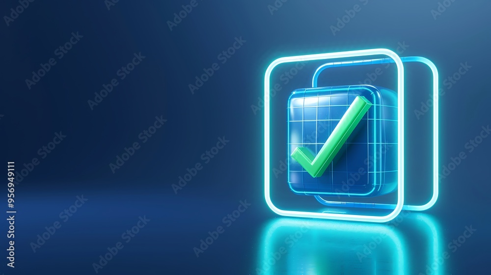 Digital checkmark icon. Futuristic, glowing 3D graphic symbolizing approval, success, or completion on a dark blue background. Digital checkmark icon. Futuristic, glowing 3D graphic symbolizing approval, success, or completion on a dark blue background.