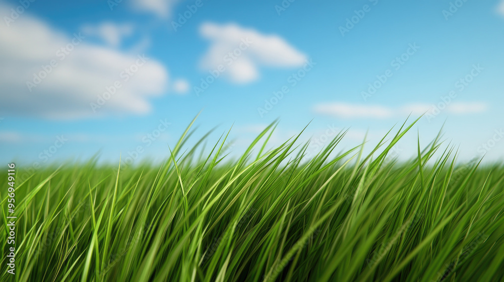 Fototapeta premium Vibrant Grassland Under a Clear Sky, Lush green blades sway gently in the breeze, with bright blue skies and scattered clouds creating a tranquil outdoor scene.