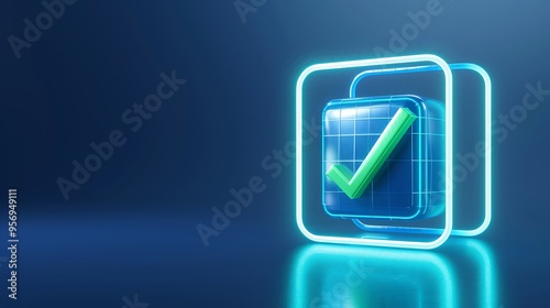 Digital checkmark icon. Futuristic, glowing 3D graphic symbolizing approval, success, or completion on a dark blue background.