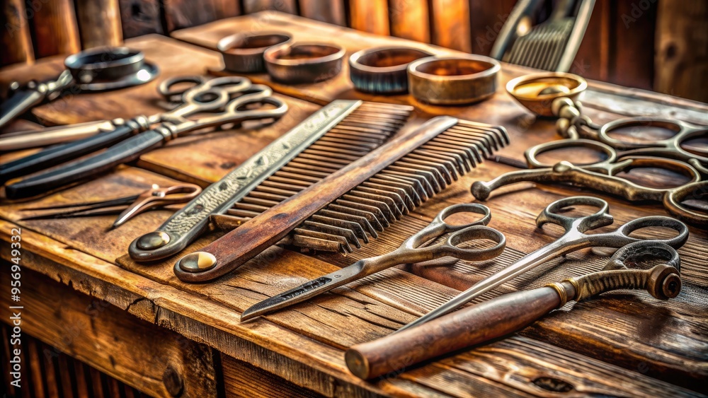 Rusty metal scissors, antique combs, and ornate hairpins rest on a worn wooden counter, evoking a nostalgic atmosphere in a vintage hair salon setting. Rusty metal scissors, antique combs, and ornate hairpins rest on a worn wooden counter, evoking a nostalgic atmosphere in a vintage hair salon setting.